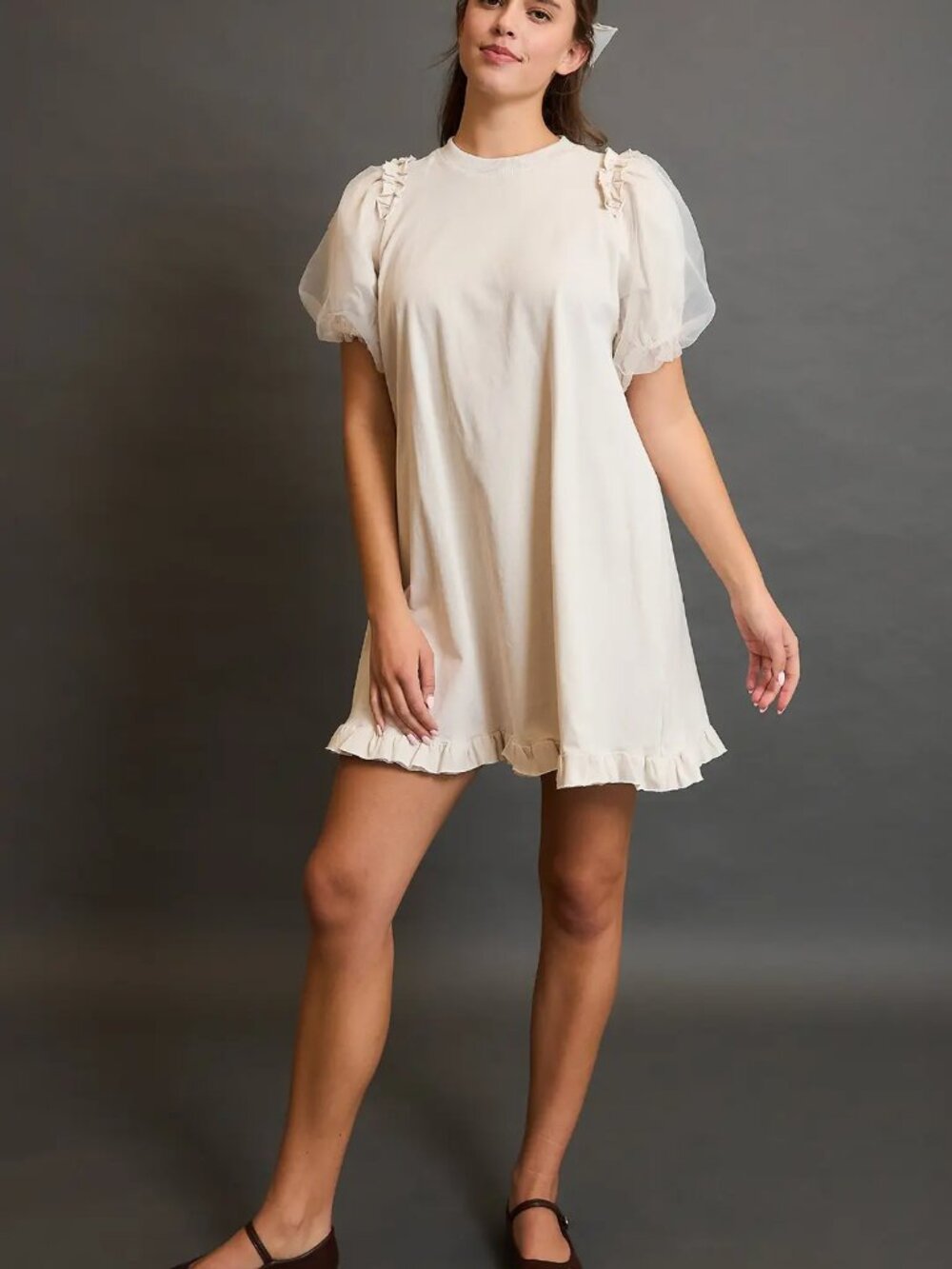 B26 Umgee Puff Sleeve Ruffle Hem Cotton Dress Cream NEW - Picture 4 of 4